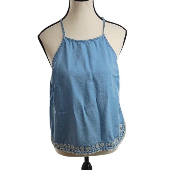 Alya Blouse Blue Sleeveless Floral Embroidered Boho Retro Womens Size Large - Picture 1 of 8